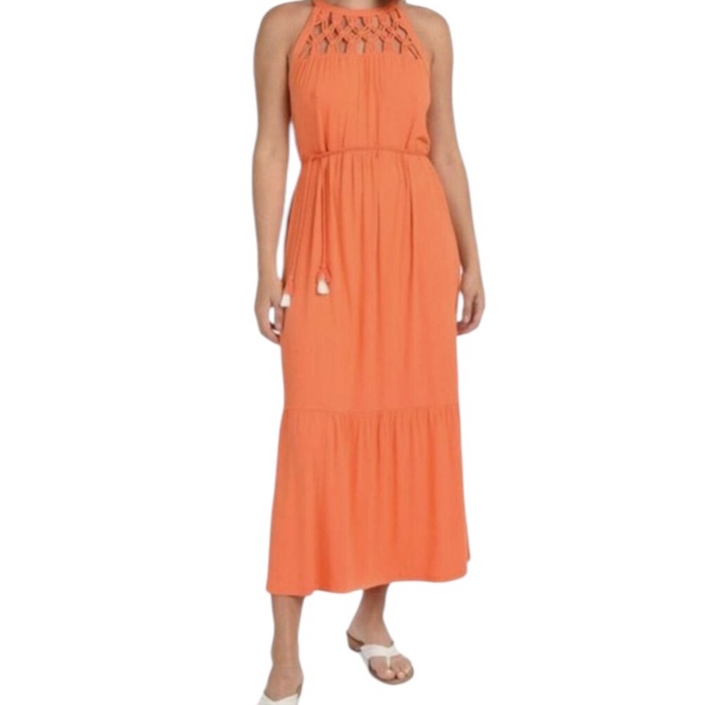 Daniel Rainn Orange Jersey Knit Halter Maxi Dress with Macrame Neckline S